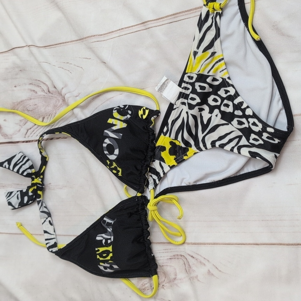 Billabong Y2K Two Piece Yellow Cheetah Triangle String Bikini Reversible Small